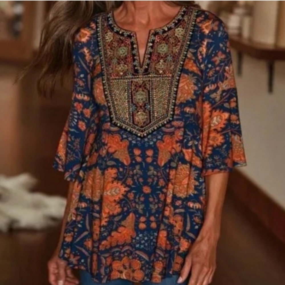Soft Surroundings Vivian Boho Heavily Embroidered Top Size XS